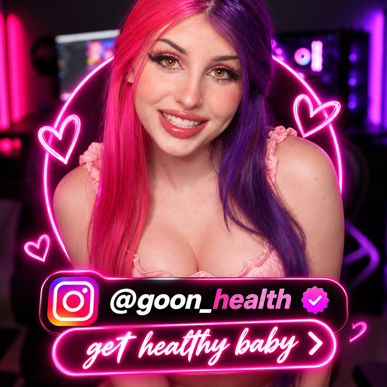 Goon Health, a pink and purple haired streamer, smiling in her neon-lit room